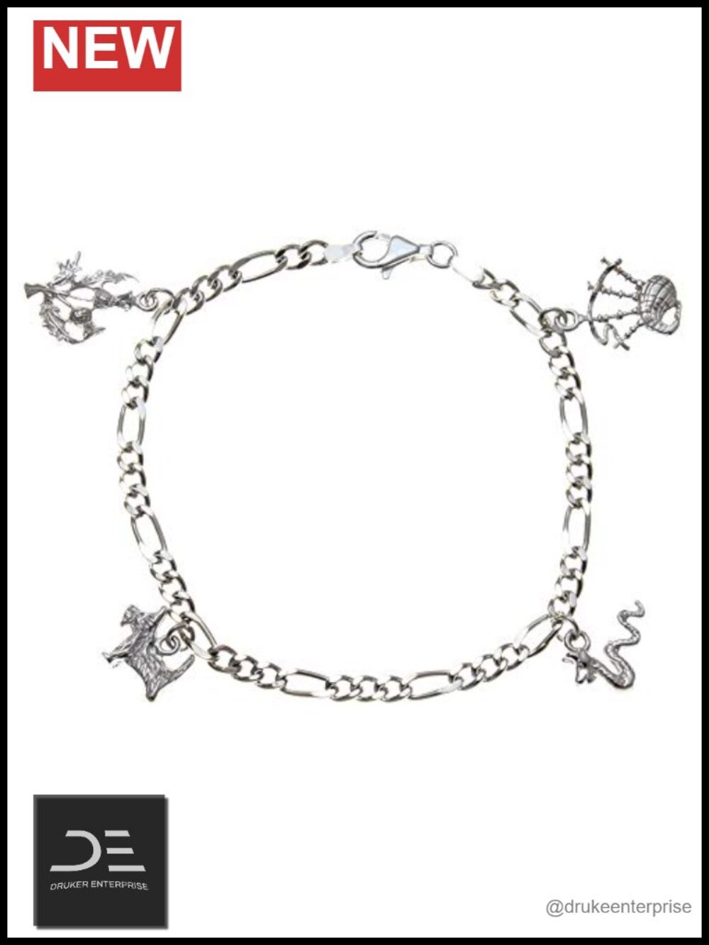 Genuine 925 Sterling Silver Scottish Charm Bracelet - Thistle Bagpipes Nessie